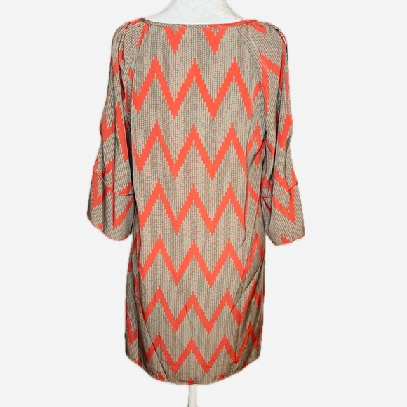 GLAM Orange & Teal Chevron Print Bell Sleeve Tunic Dress Size S - Picture 3 of 8